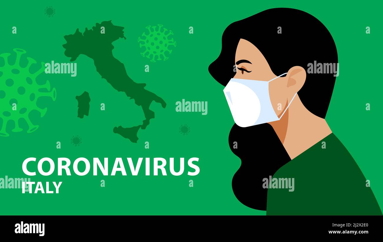 Jeune femme italienne en masque respiratoire. Alarme, protection et prévention du coronavirus en Italie, en Europe. Italie forme de pays. Illustrateur de vecteur moderne Illustration de Vecteur