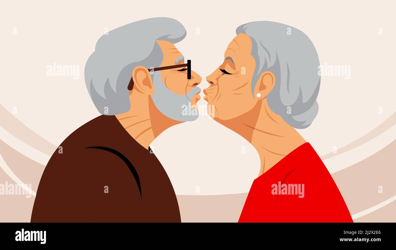 Couple d'âge mûr embrassant. L'homme âgé et la vieille dame se touchent leurs lèvres. Scène touchante d'amour, de tendresse, de camaraderie. Silhouette d'amoureux Illustration de Vecteur