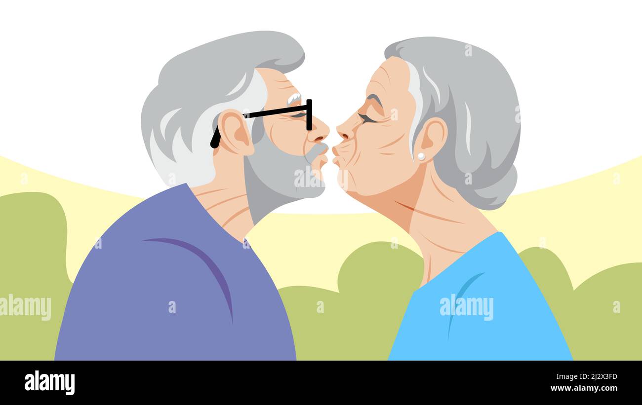 L'amour et l'âge. Couple d'âge mûr embrassant. L'homme âgé et la vieille dame se touchent leurs lèvres. Scène touchante d'amour, de tendresse, de camaraderie. Silhou Illustration de Vecteur