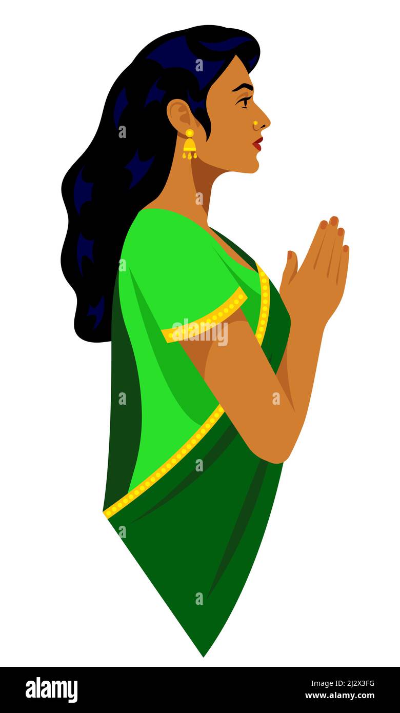 Belle femme indienne en vêtements traditionnels - vert vif sari. Portrait de femme, vue latérale. Femme indienne en vêtements traditionnels avec des mains de prière Illustration de Vecteur