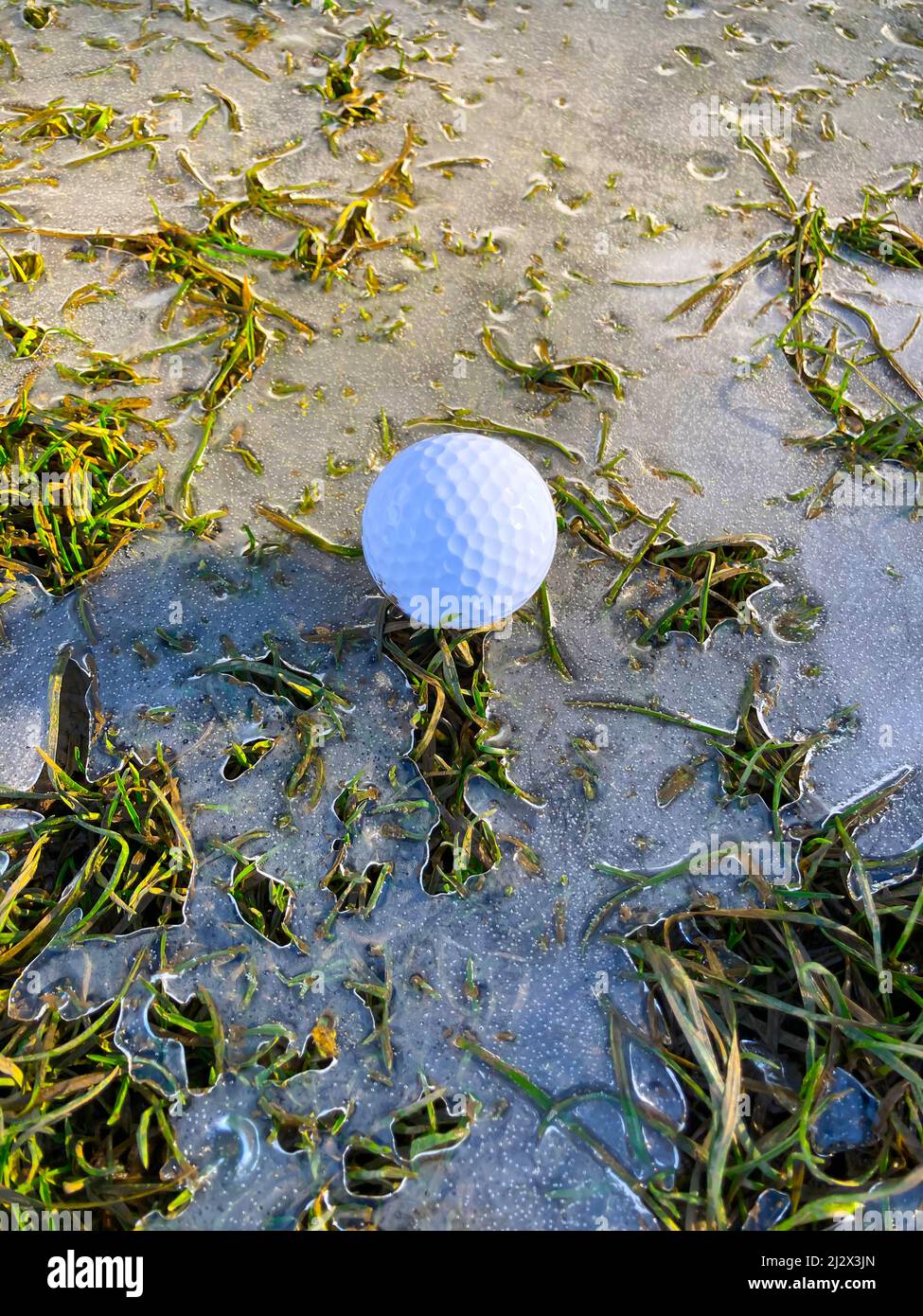 Ballon de golf sur gazon Fairway avec glace et lumière du soleil à Lugano, Tessin en Suisse. Banque D'Images