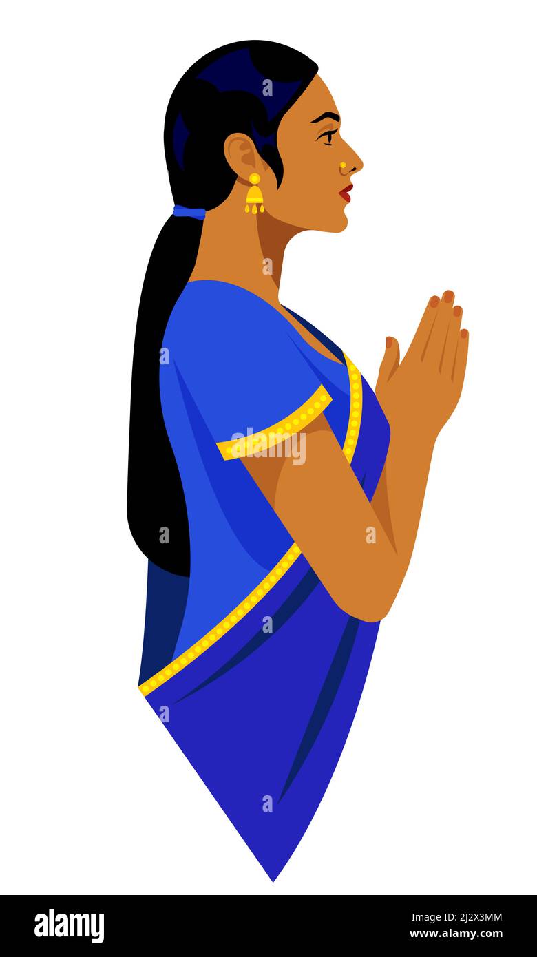 Belle femme indienne en vêtements traditionnels - bleu vif sari. Portrait de femme, vue latérale. Femme indienne en vêtements traditionnels avec des mains de prière. Illustration de Vecteur