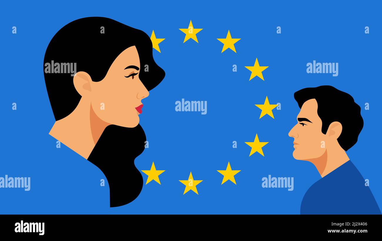 Notion de citoyen de l'Union européenne. Jeune homme et jeune femme blanc sur fond bleu. Drapeau des étoiles dorées. Illustration vectorielle moderne sur le thème social. Illustration de Vecteur