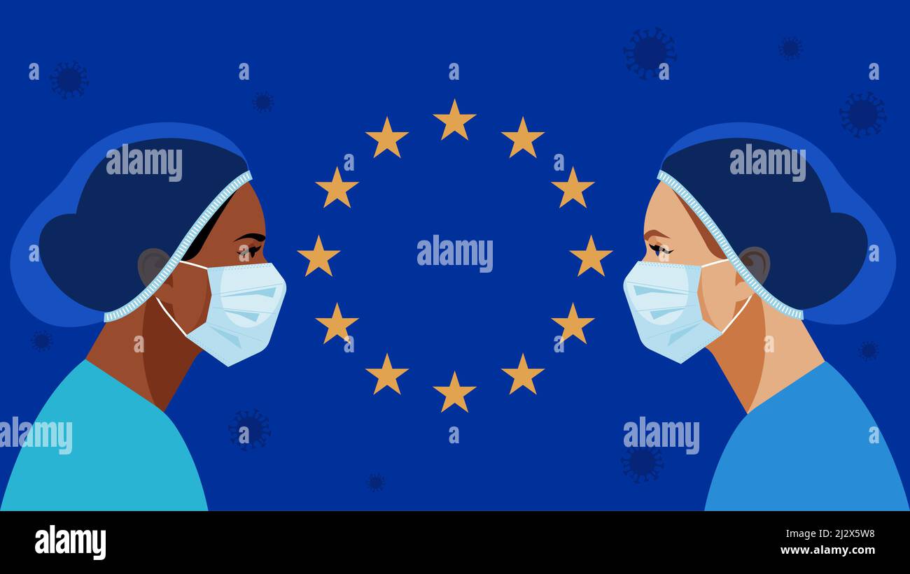 Coronavirus dans le monde. Médecin et infirmière dans un masque médical et un chapeau. Symbole de virus dans l'air. Le personnel médical lutte contre une infection virale. Le symbole de Illustration de Vecteur