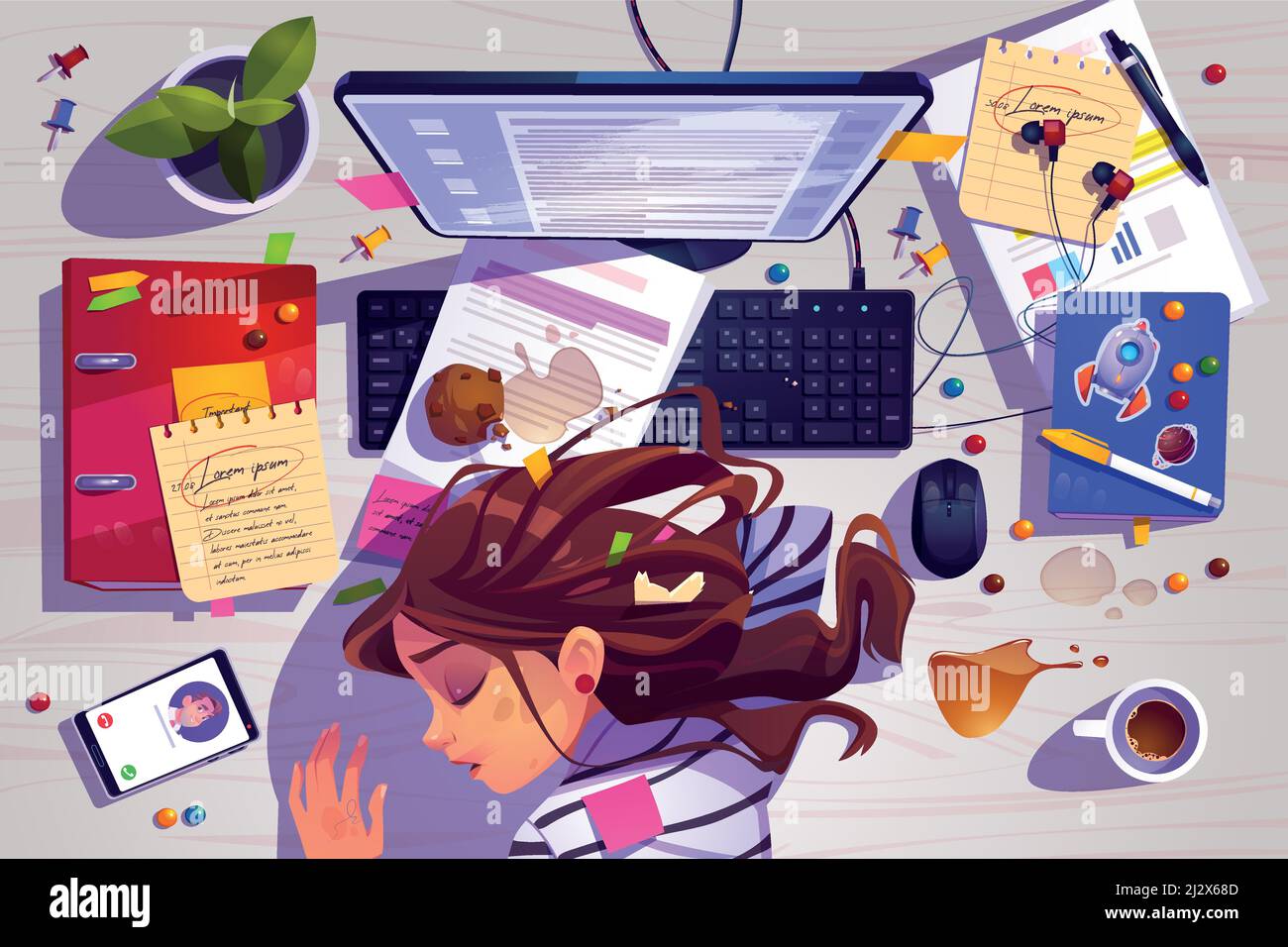 Femme dormant sur le lieu de travail vue de dessus, fille fatiguée couché sur un bureau désordonné avec des ordures, café renversé et documents près de l'ordinateur. L'épuisement professionnel, St Illustration de Vecteur Femme dormant sur le lieu de travail vue de dessus, fille fatiguée couché sur un bureau désordonné avec des ordures, café renversé et documents près de l'ordinateur. L'épuisement professionnel, St Illustration de Vecteur