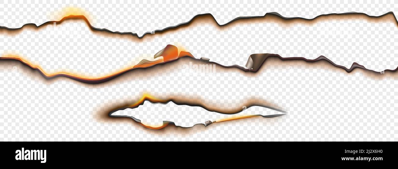 Bords de papier brûlé avec feu et cendres noires isolées sur fond transparent. Ensemble vectoriel réaliste de bordures et de cadres de brûlée et de couvée Illustration de Vecteur