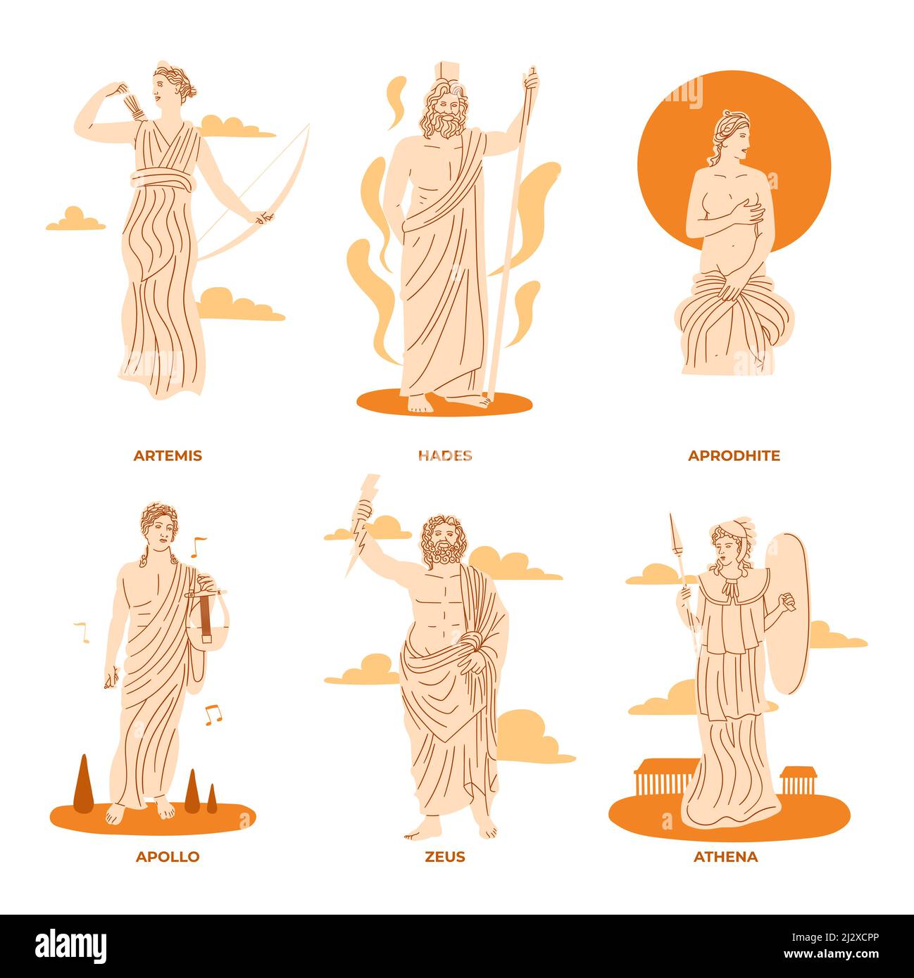 Illustration vectorielle de jeu de caractères mythologiques grecs dessinés à la main. Illustration de Vecteur
