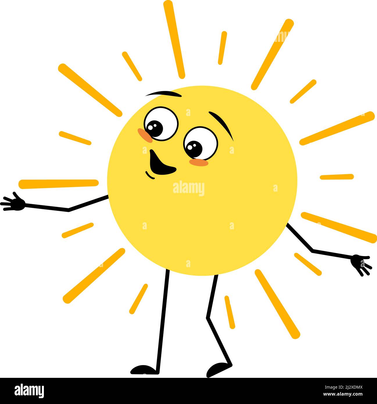 Adorable personnage ensoleillé avec une émotion heureuse, un visage joyeux, des yeux souriants, des bras et des jambes. Personne avec expression drôle et pose. Illustration vectorielle plate Illustration de Vecteur