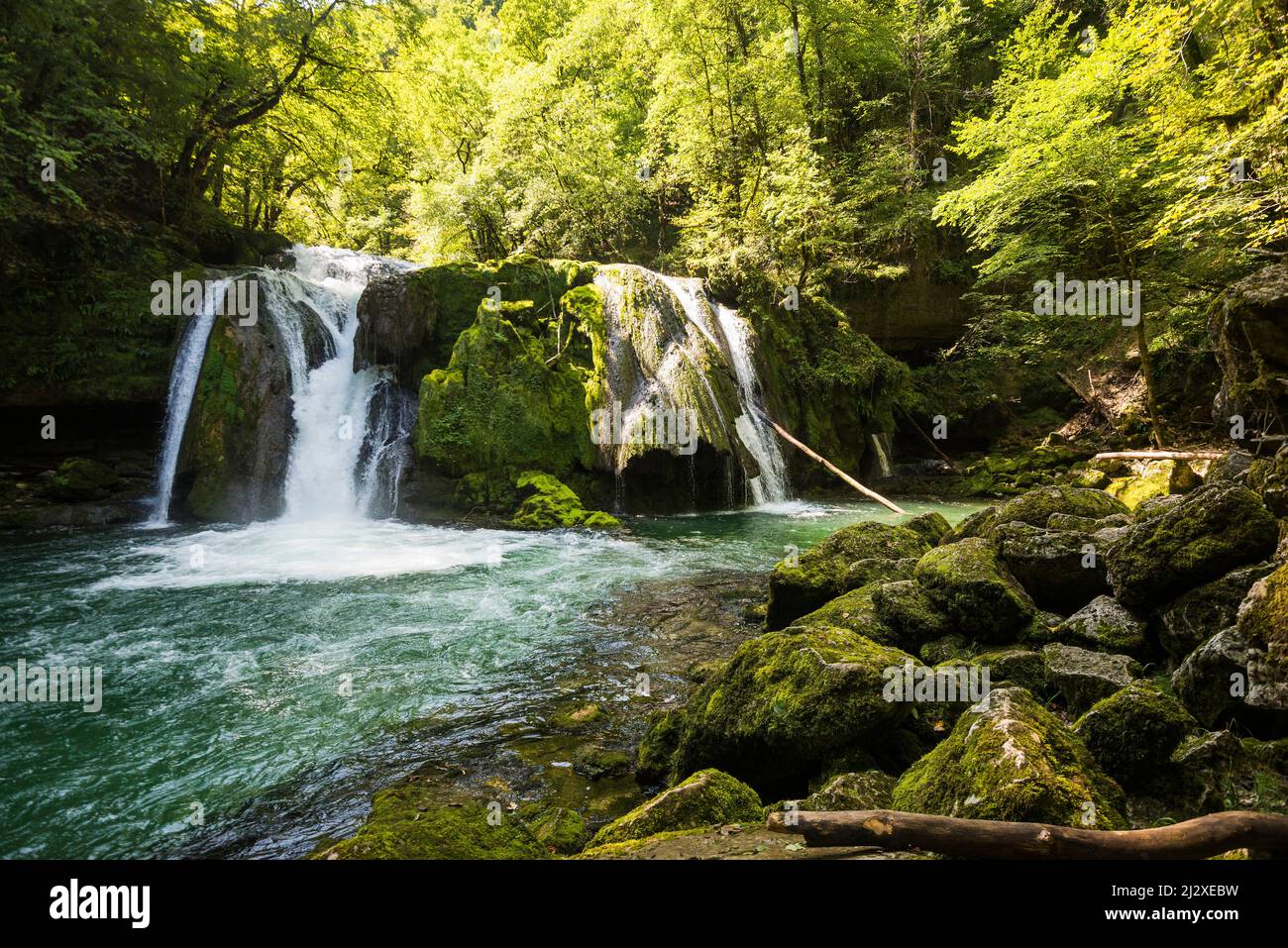 Cascade et rochers recouverts de mousse, Source de la Loue, Loue, Mouthier-haute-Pierre, Département du Doubs, Bourgogne-Franche-Comté, Jura, France Banque D'Images