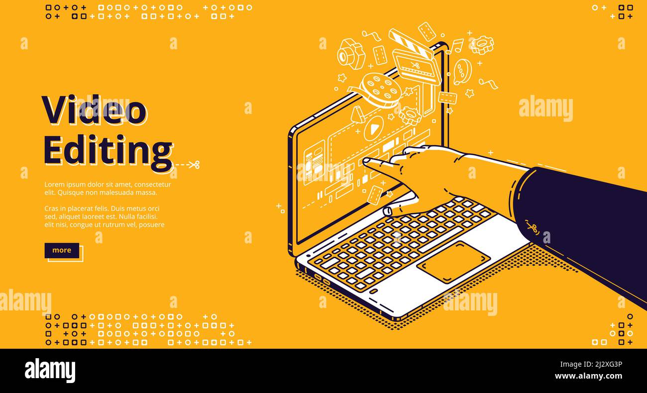 Page d'accueil isométrique d'édition vidéo. Production de films, logiciel informatique ou application de montage de films. Pointeur de la main sur l'écran de l'ordinateur portable avec l'application pour Illustration de Vecteur