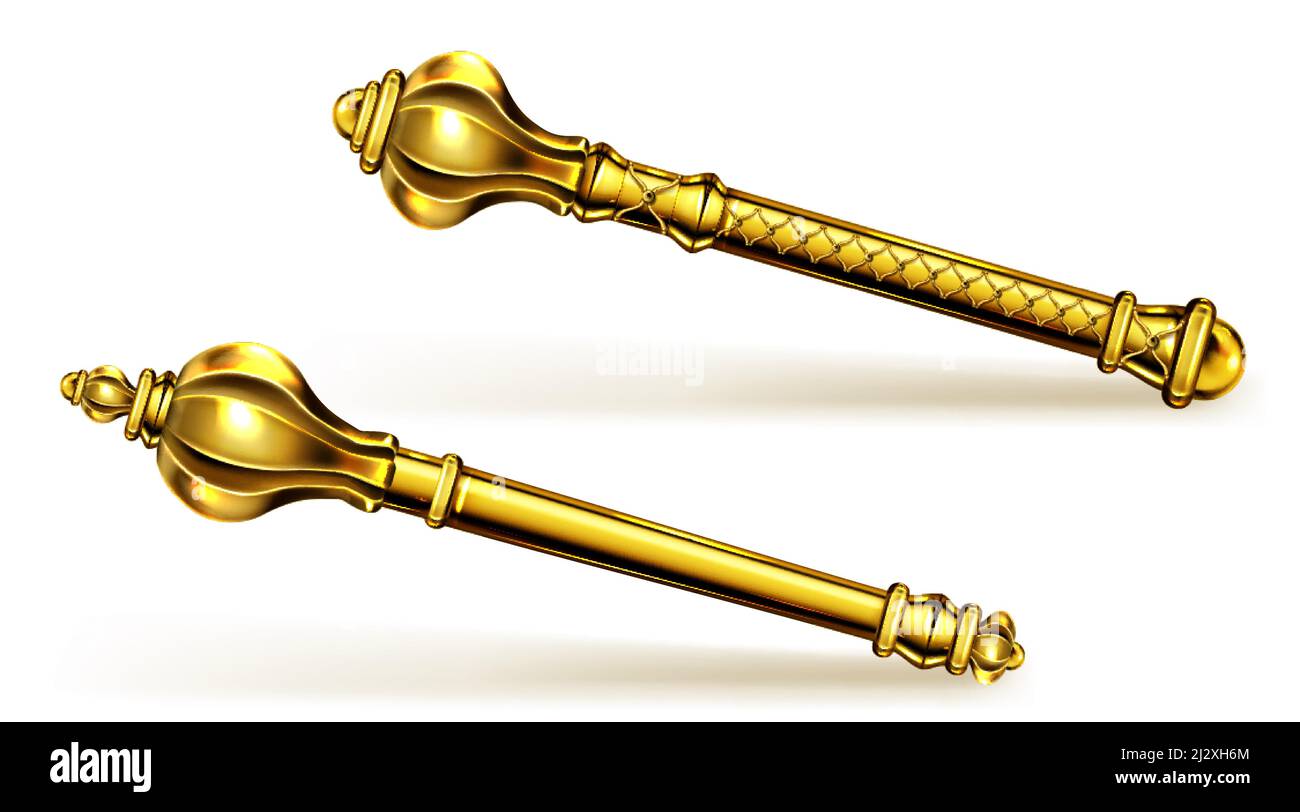 Golden Scepter pour le roi ou la reine, baguette royale pour Monarch. Symbole empereur médiéval de la monarchie d'or, baguette de couronnement impérial ou mace isolée sur W Illustration de Vecteur