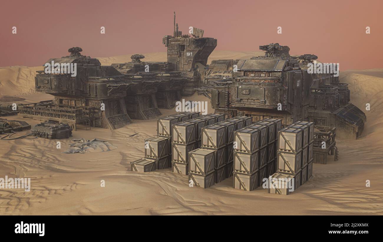 Avant-poste abandonné dans le désert sur une planète extraterrestre avec un ciel orange. Science fiction fantaisie concept 3D illustration. Banque D'Images
