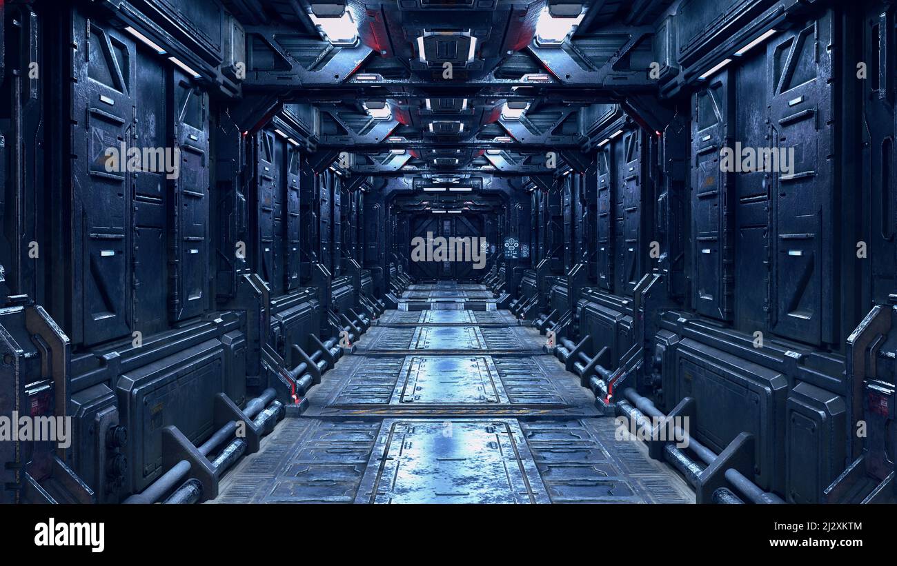 Couloir futuriste dans un navire ou une gare de science-fiction. 3D rendu. Banque D'Images