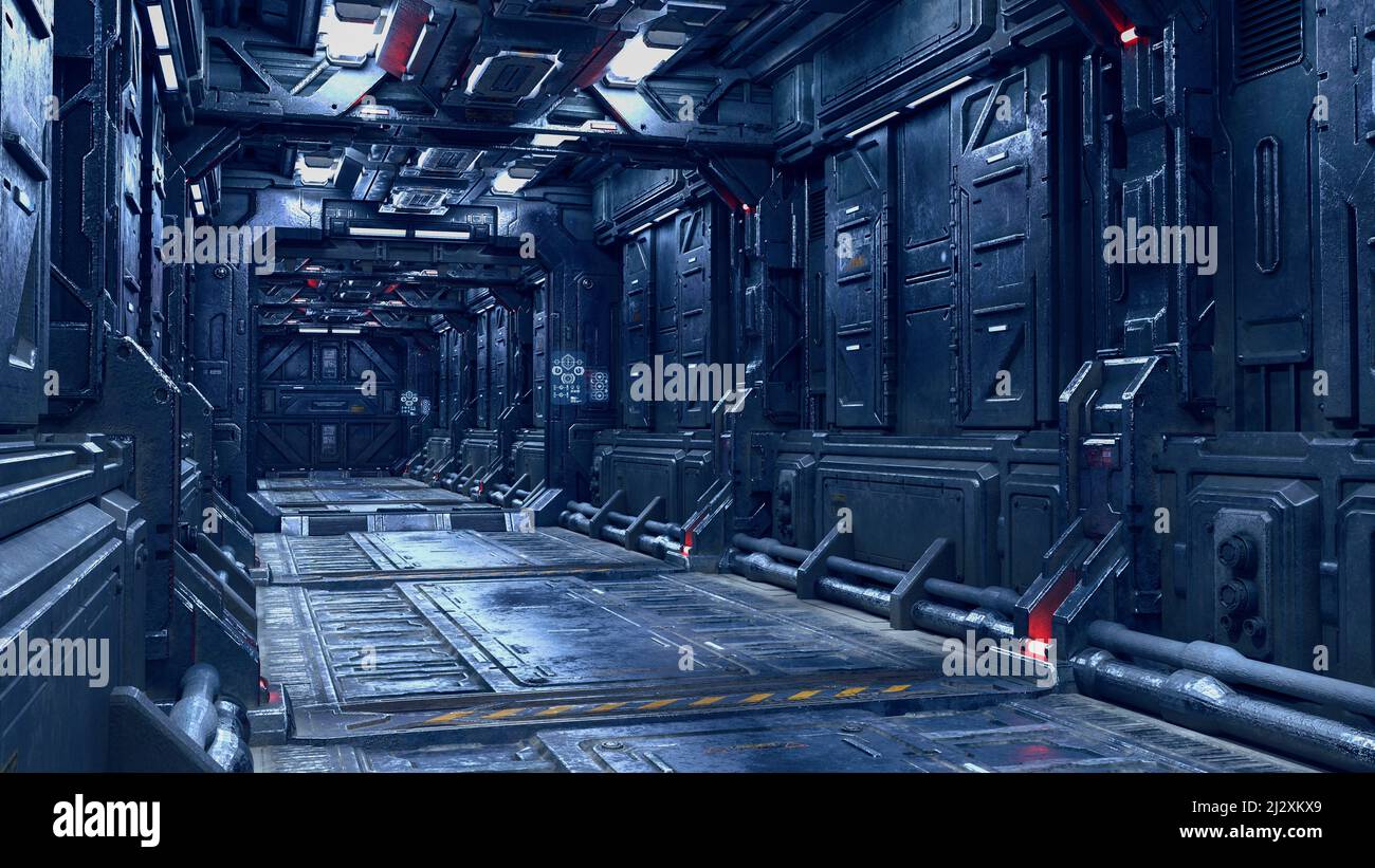 Couloir de fantaisie SCI-Fi dans un navire ou une station futuriste. 3D illustration. Banque D'Images
