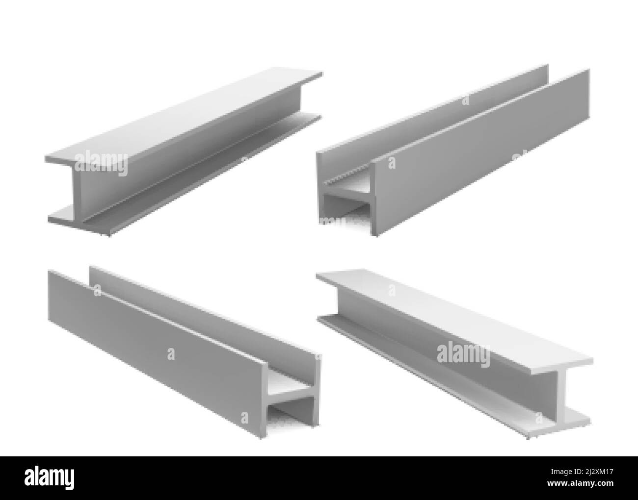 Poutres de construction métalliques, poutres de structure en acier isolées sur fond blanc. Ensemble vectoriel réaliste de solive en fer pour la construction, structure en acier inoxydable Illustration de Vecteur