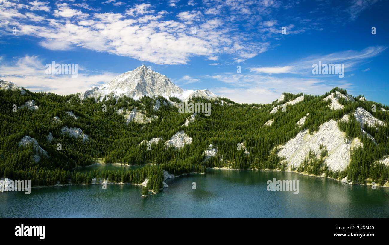 Vue panoramique sur un paysage fantastique avec un grand lac, des montagnes couvertes de sapins et un pic enneigé au loin. 3D rendu. Banque D'Images