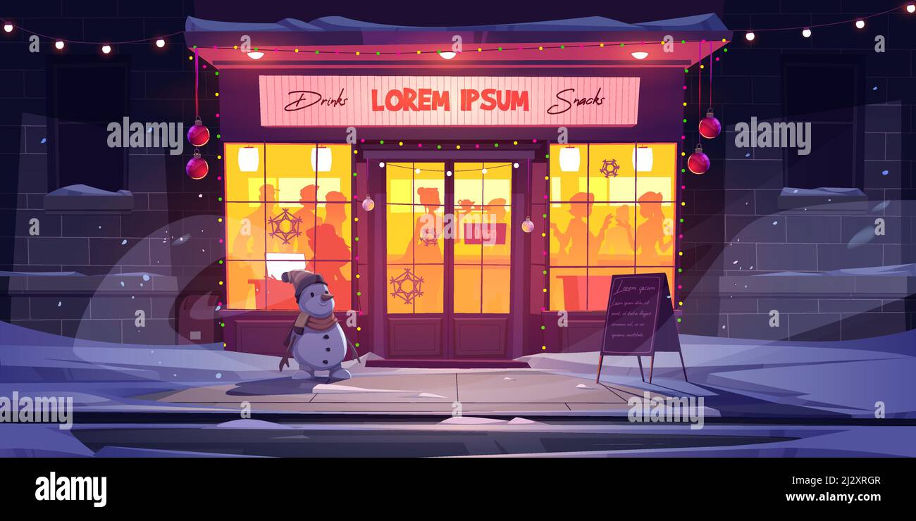 Bar en hiver, café de nuit à la veille de Noël. Extérieur de l'établissement avec des personnes à l'intérieur. Entrée extérieure du beerhouse avec bonhomme de neige, décoration de Noël, l Illustration de Vecteur