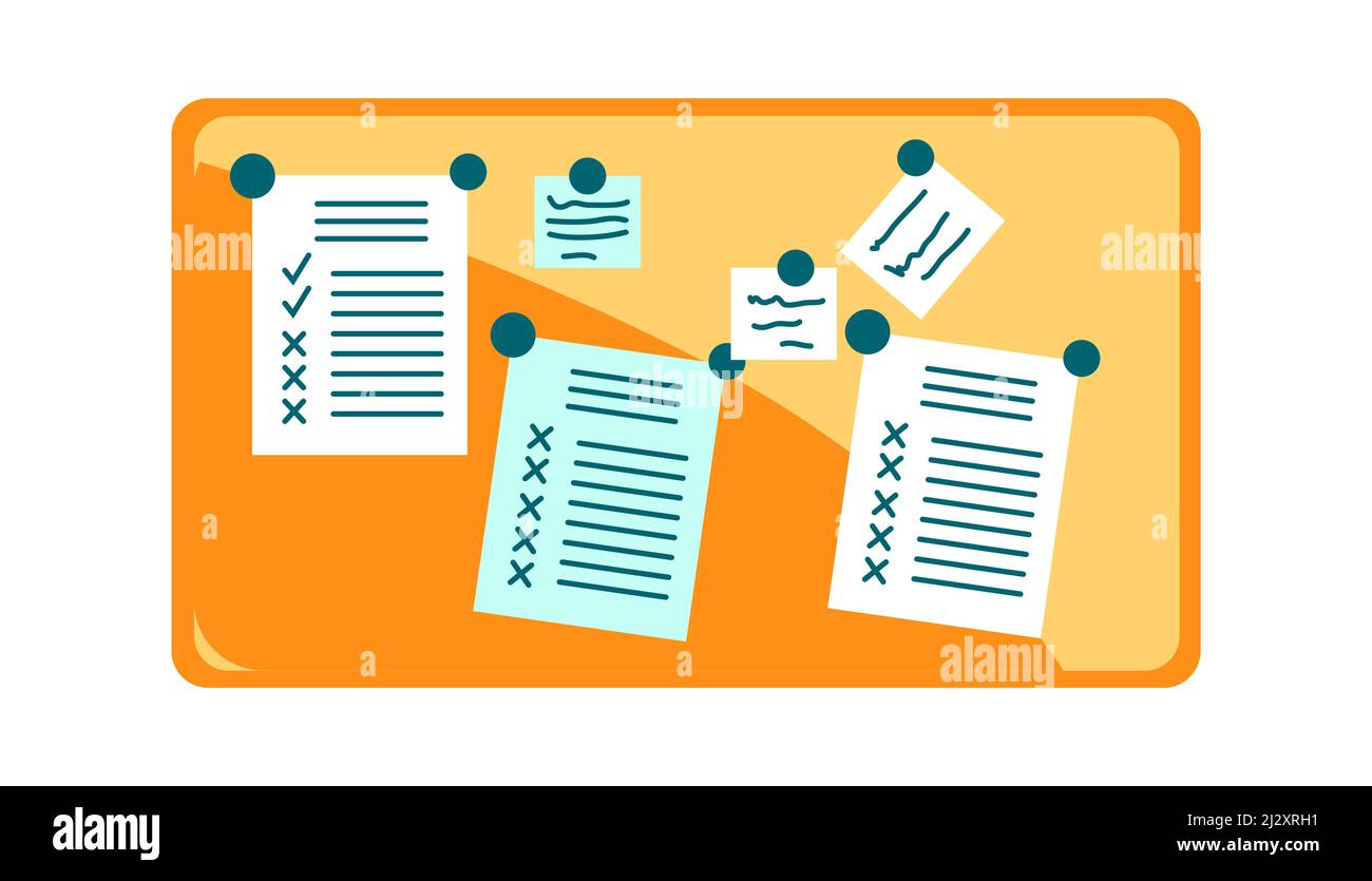 Vecteur de concept d'entreprise de gestion des délais et des délais. Pour faire des cartes attachées au panneau mural à l'aide de broches, illustration de dessin animé isolée sur fond blanc Illustration de Vecteur