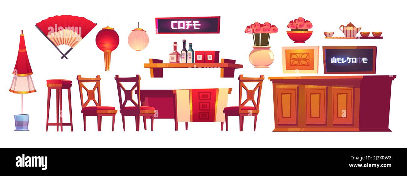 Intérieur du restaurant chinois avec comptoir de bar en bois, chaises et table. Ensemble de meubles de dessin animé Vector dans un café de chine décoré avec une lanterne asiatique, un ventilateur Illustration de Vecteur