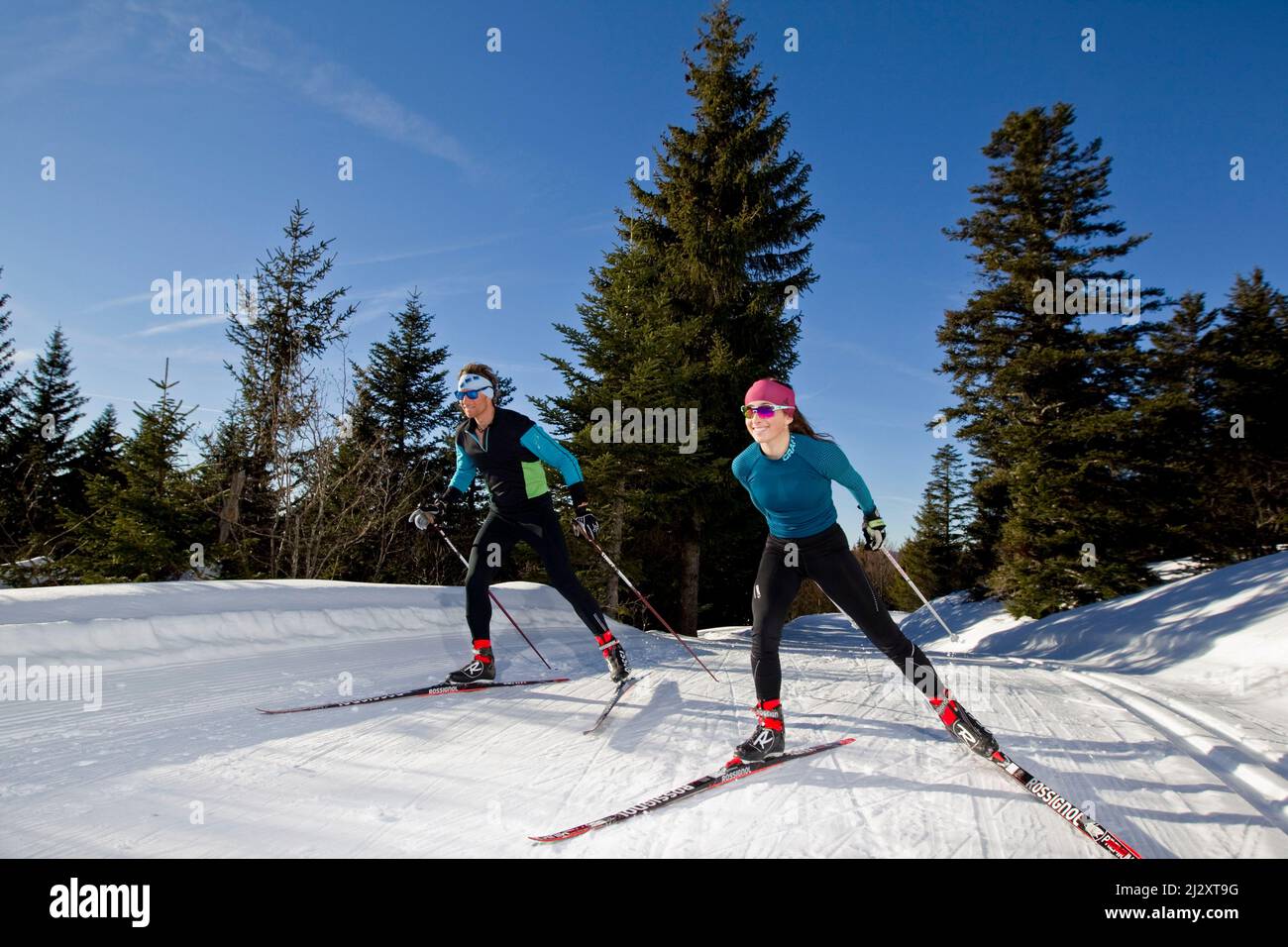 France, département Isère, Lans-en-Vercors (sud-est de la France) : ski de fond, homme et femme, entouré par le paysage enneigé du Vercor Banque D'Images