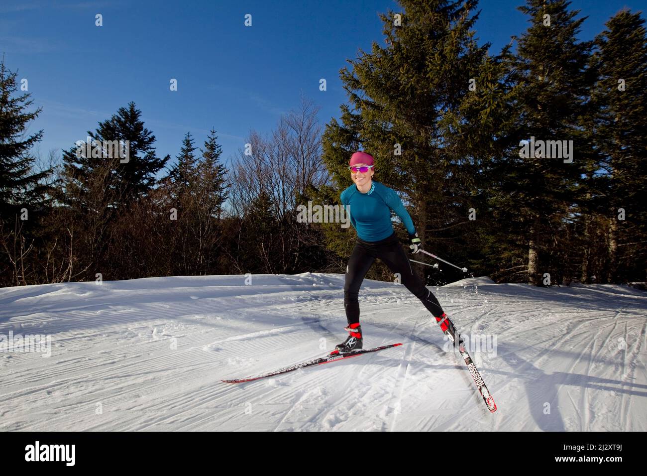 France, département de l'Isère, Lans-en-Vercors (sud-est de la France) : skieuse de fond, femme, seule, entourée par le paysage enneigé des Vercors Banque D'Images