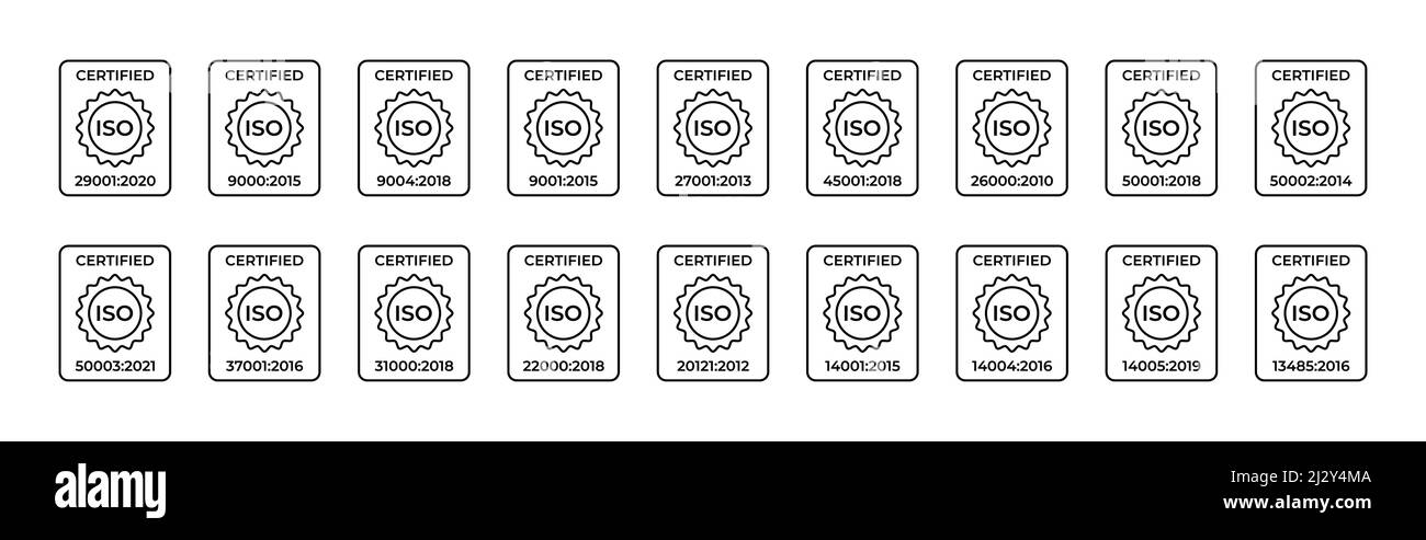 Symbole ISO certifié. Normalisation dans le domaine de la sécurité de l'information, des systèmes de gestion de la qualité, ainsi que de la protection du travail et autres. Ensemble d'icônes linéaires. Illustration vectorielle. Illustration de Vecteur