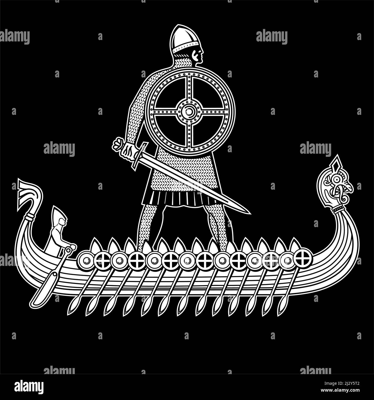Conception dans le style Old Norse. Guerrier Viking avec épée et bouclier, Drakkar navire avec guerriers Illustration de Vecteur