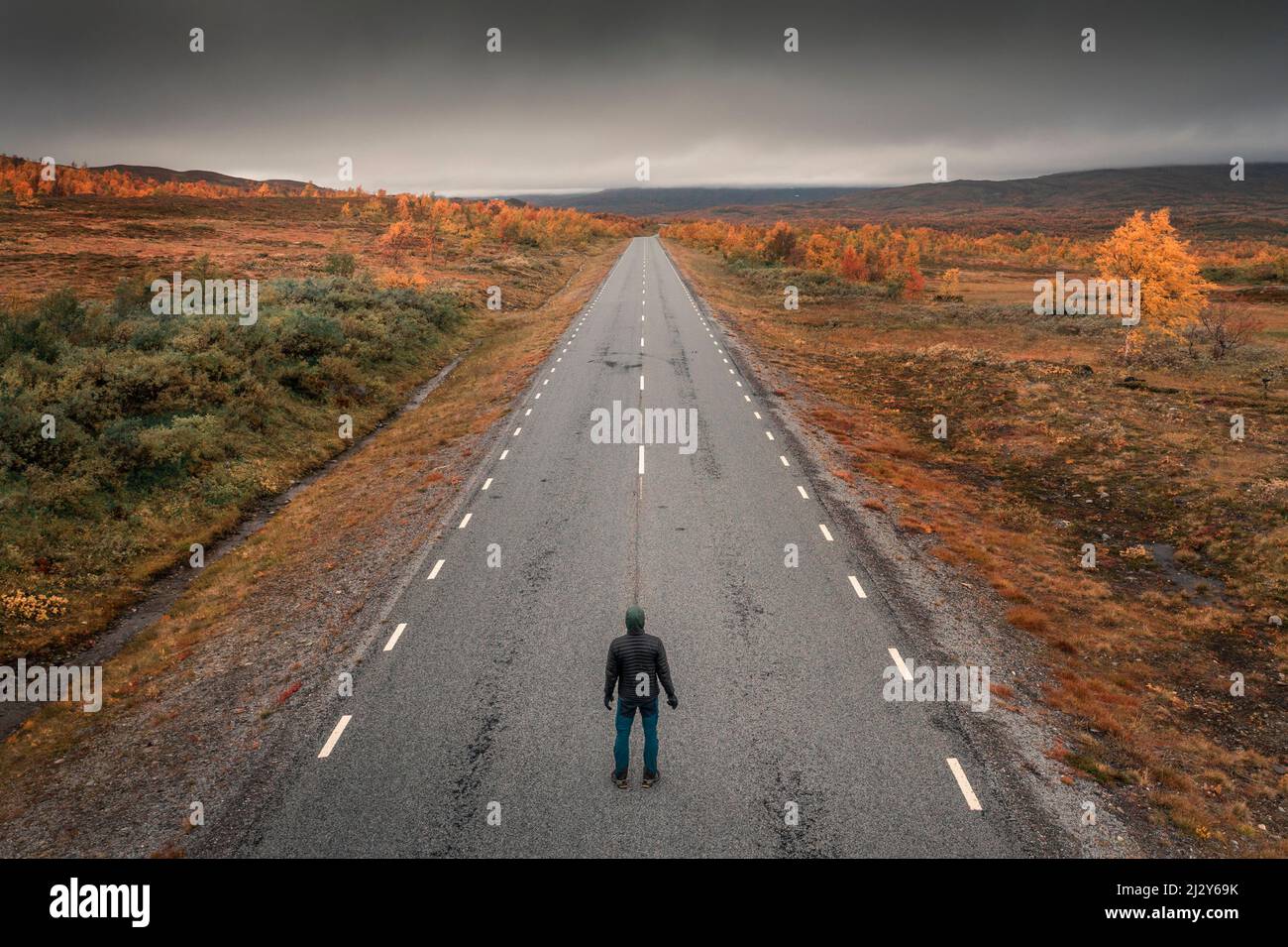 Personne sur la route de la nature, sur le plateau de Vildmarksvagen à Jämtland en automne en Suède Banque D'Images