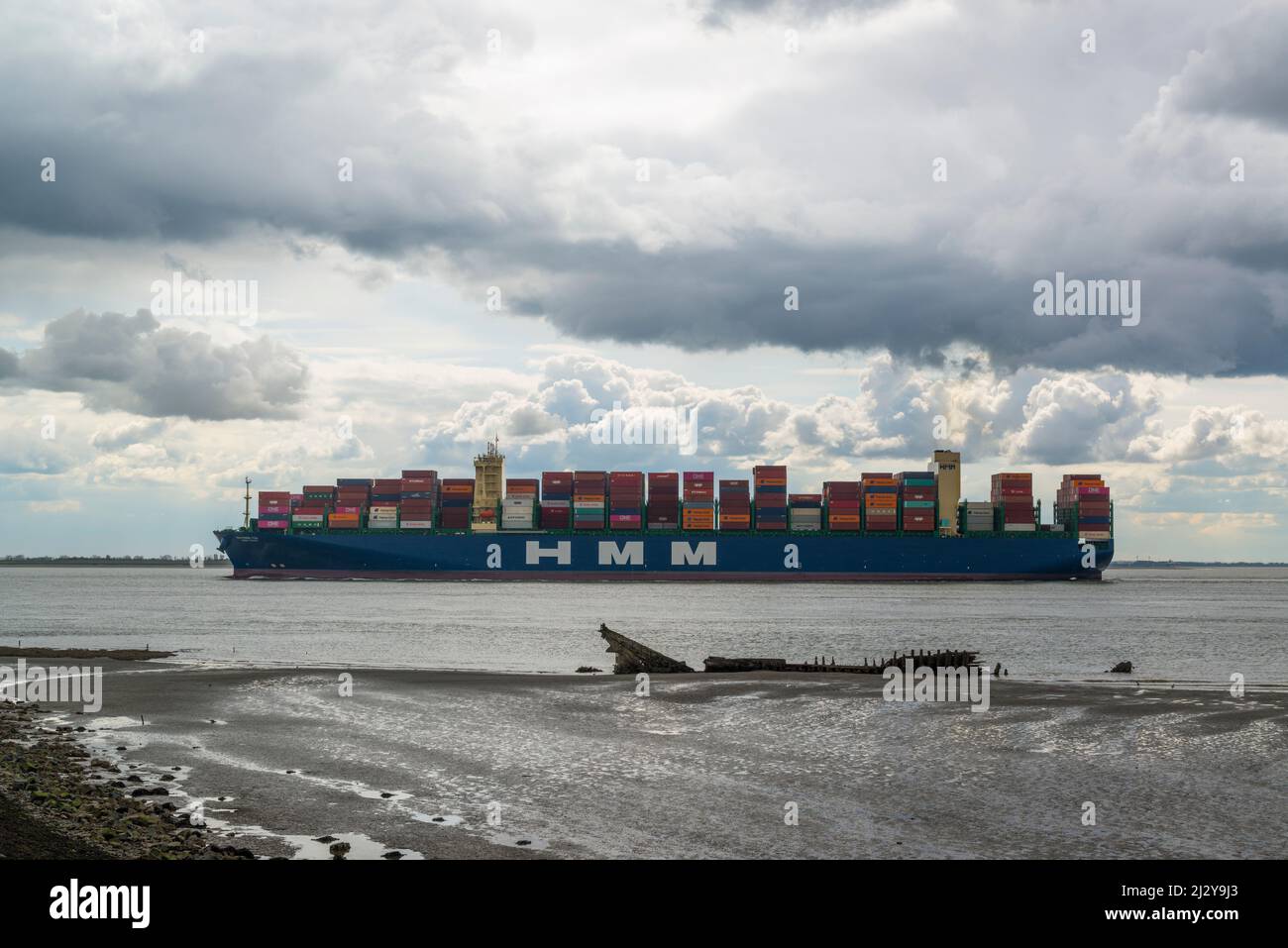 Le navire à conteneurs HMM DAON en route vers le port d'Anvers passe une épave de navire en bois aux vasières près de Hansweert, Zeeland, pays-Bas Banque D'Images