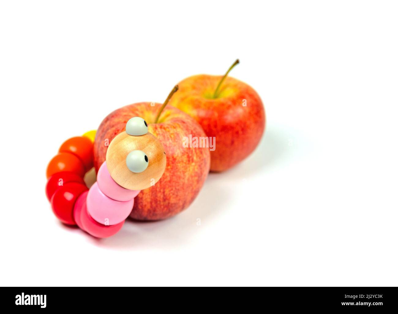 Ver jouet devant les pommes sur fond blanc Banque D'Images