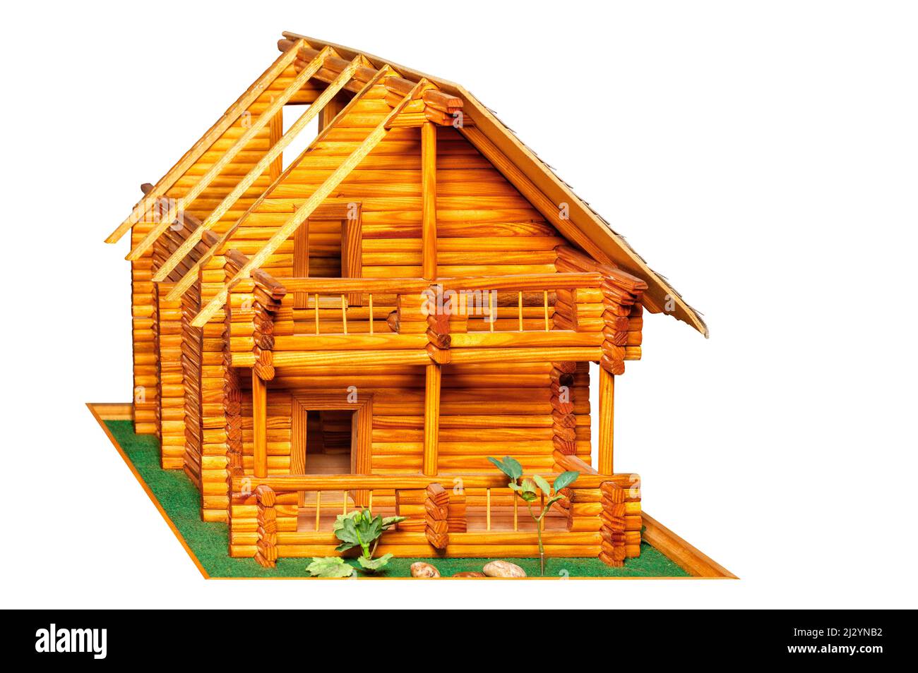 Bois en bois comme matériau de construction pour un pays maison de deux étages sous la forme d'un plan d'agencement. L'image est isolée sur un fond blanc. Banque D'Images
