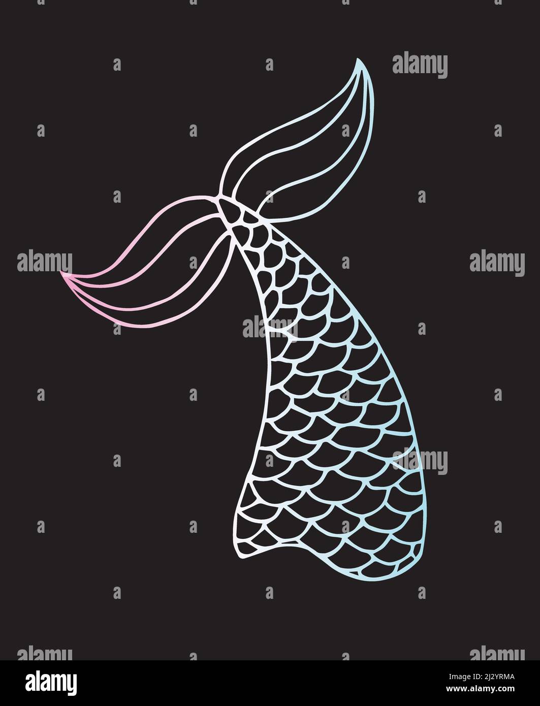 Vecteur holographique main Doodle dessin queue de sirène isolée sur fond noir Illustration de Vecteur
