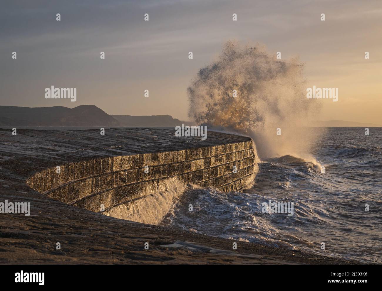 Vagues créées par Storm Barra s'écrasant contre la Cobb à Lyme Regis à Dorset, Angleterre, Royaume-Uni, juste après le lever du soleil le lendemain de la tempête principale Banque D'Images