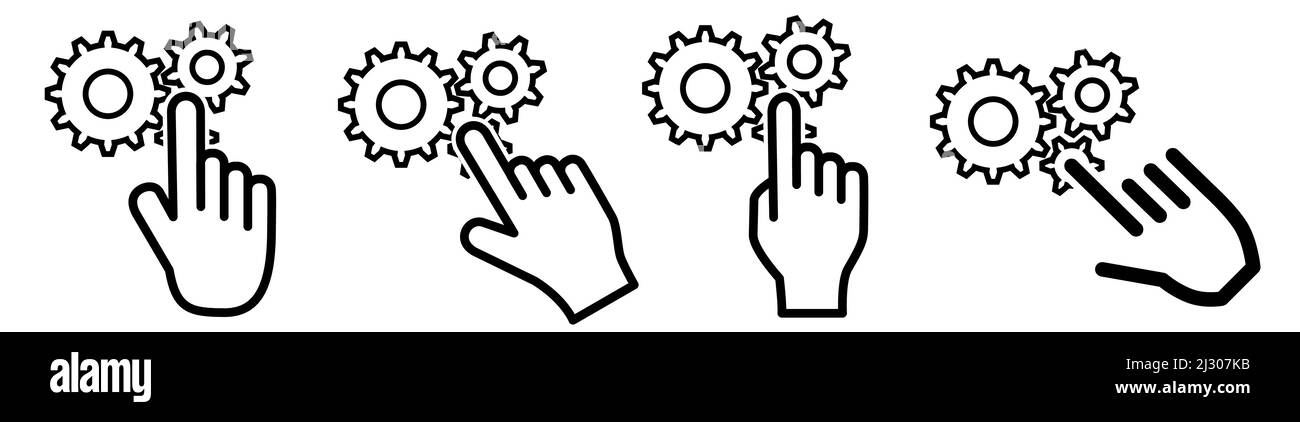 Doigt pointant vers l'icône des roues dentées. Concept de sélection des paramètres ou en cliquant sur l'objet Illustration de Vecteur