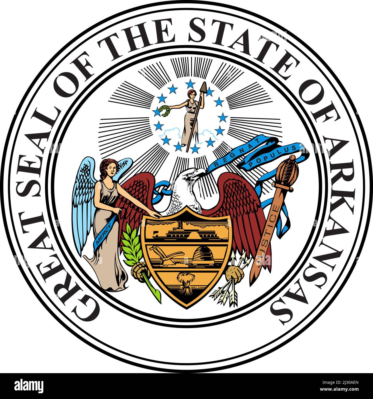 Vue de dessus de Great Seal of US Federal State of Arkansas. Etats-Unis d'Amérique patriote et Voyage concept. Plan, conception Banque D'Images
