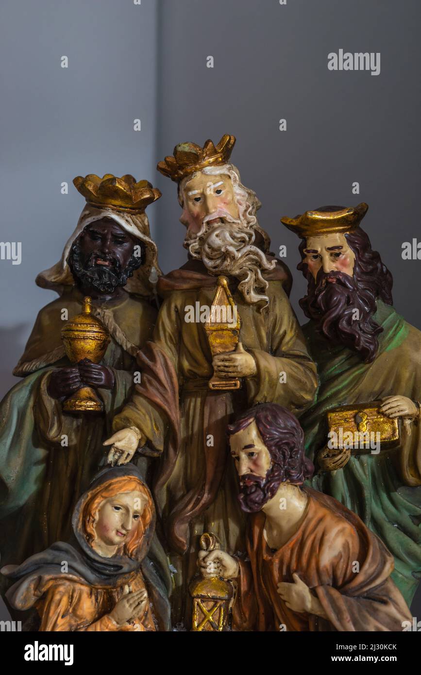 Scène de Nativité, les trois sages, Marie et Joseph Banque D'Images