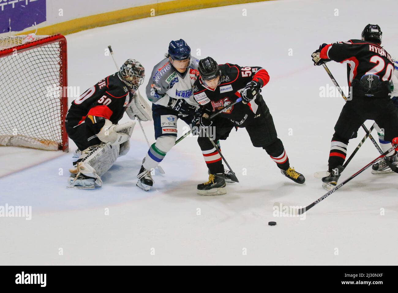 29 septembre 2015 - Corée du Sud, Goyang : les lames de glace de Tohoku du Japon et le haut 1 de la Corée du Sud jouent pendant la Ligue asiatique de hockey sur glace 2015 à Goyang Ice Link à Gyeong Gi, Corée du Sud. Aujourd'hui, le match a gagné les lames de glace Tohoku, score 2-0. Banque D'Images