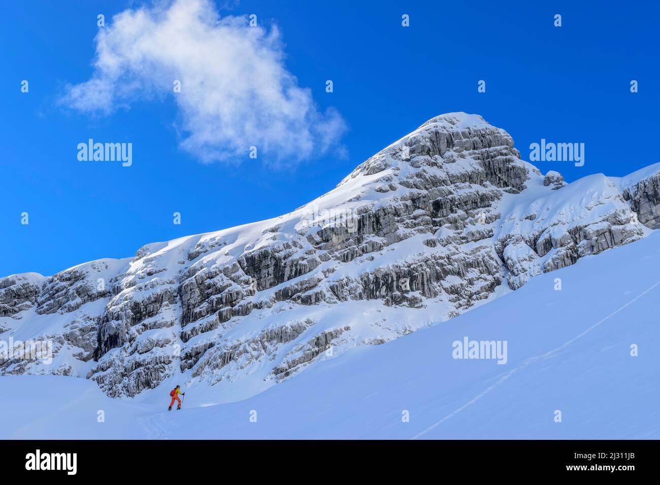 Une femme en excursion de ski monte jusqu'à Watzmannkar, Watzmannkar, troisième Watzmannkind, Alpes de Berchtesgaden, Parc national de Berchtesgaden, Haute-Bavière, Bavière, Allemagne Banque D'Images