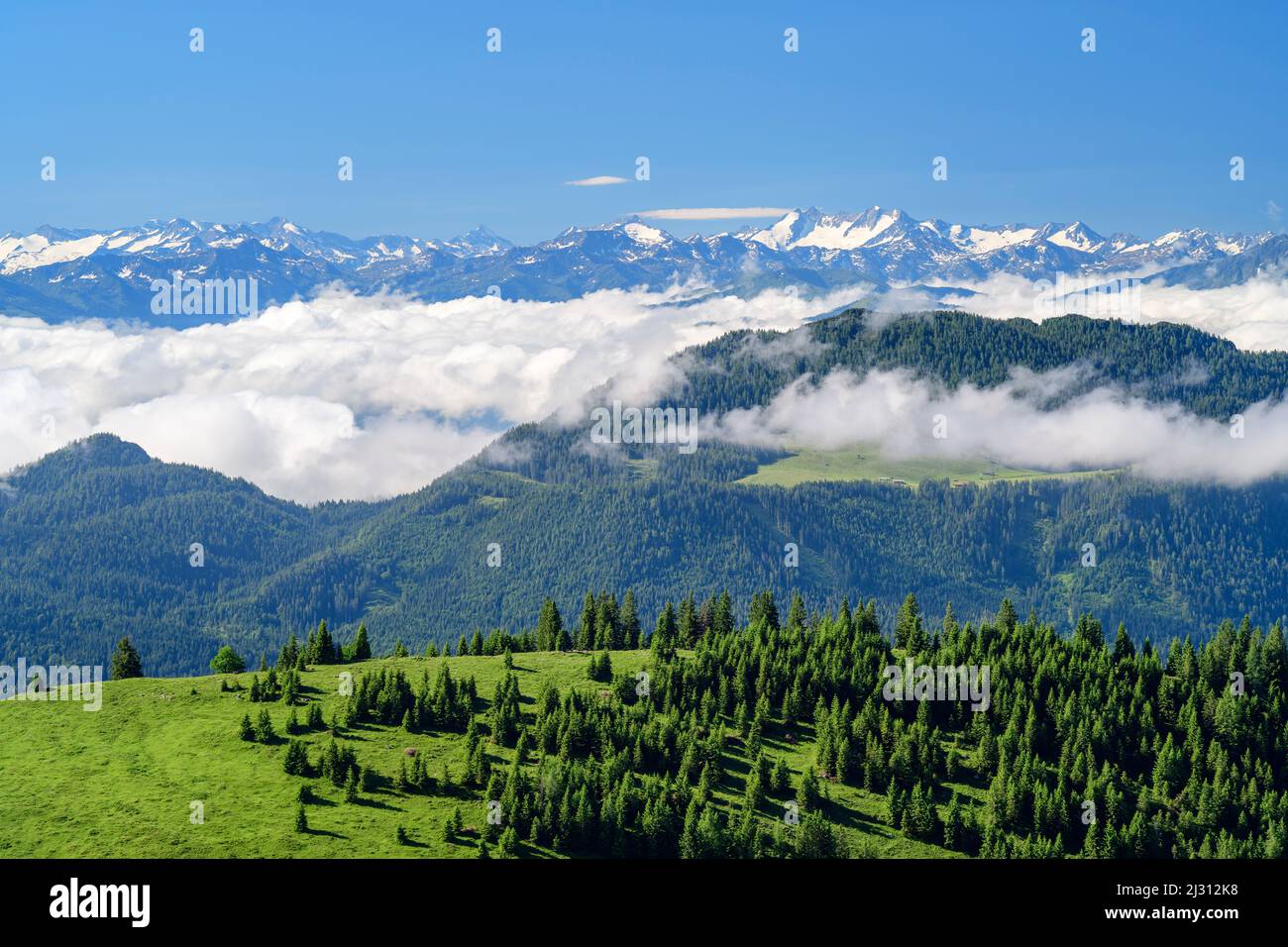 Vue de Trainsjoch à l'ambiance nuageuse avec Hohe Tauern en arrière-plan, Trainsjoch, Mangfall Mountains, Alpes bavaroises, haute-Bavière, Bavière, Allemagne Banque D'Images