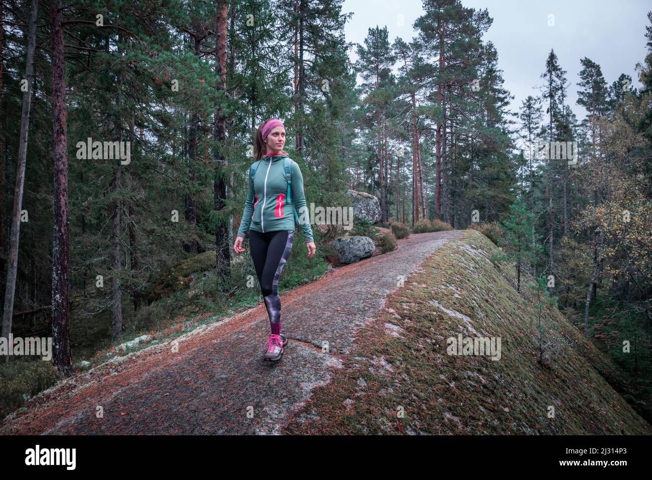 Femme randonnée dans la forêt du parc national de Tiveden en Suède Banque D'Images