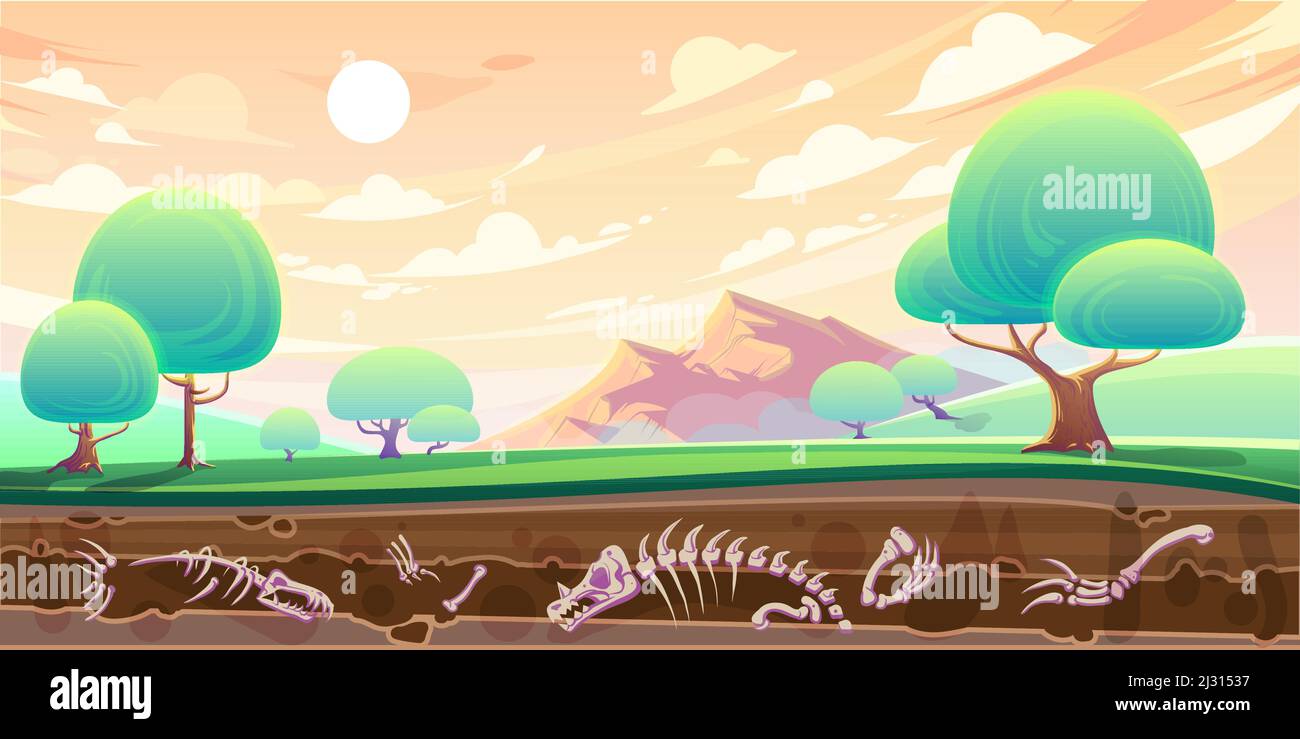 Vallée verte avec arbres et paysage de montagne, section transversale souterraine avec couches de sol et fossiles, squelettes de dinosaures anciens, bande dessinée vec Illustration de Vecteur