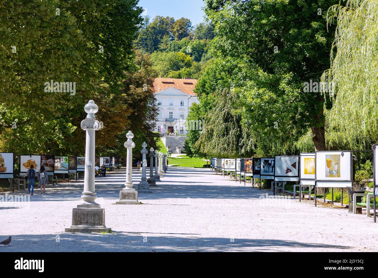 Ljubljana, le parc Tivoli, la promenade Jakope et le château de Tivoli Banque D'Images