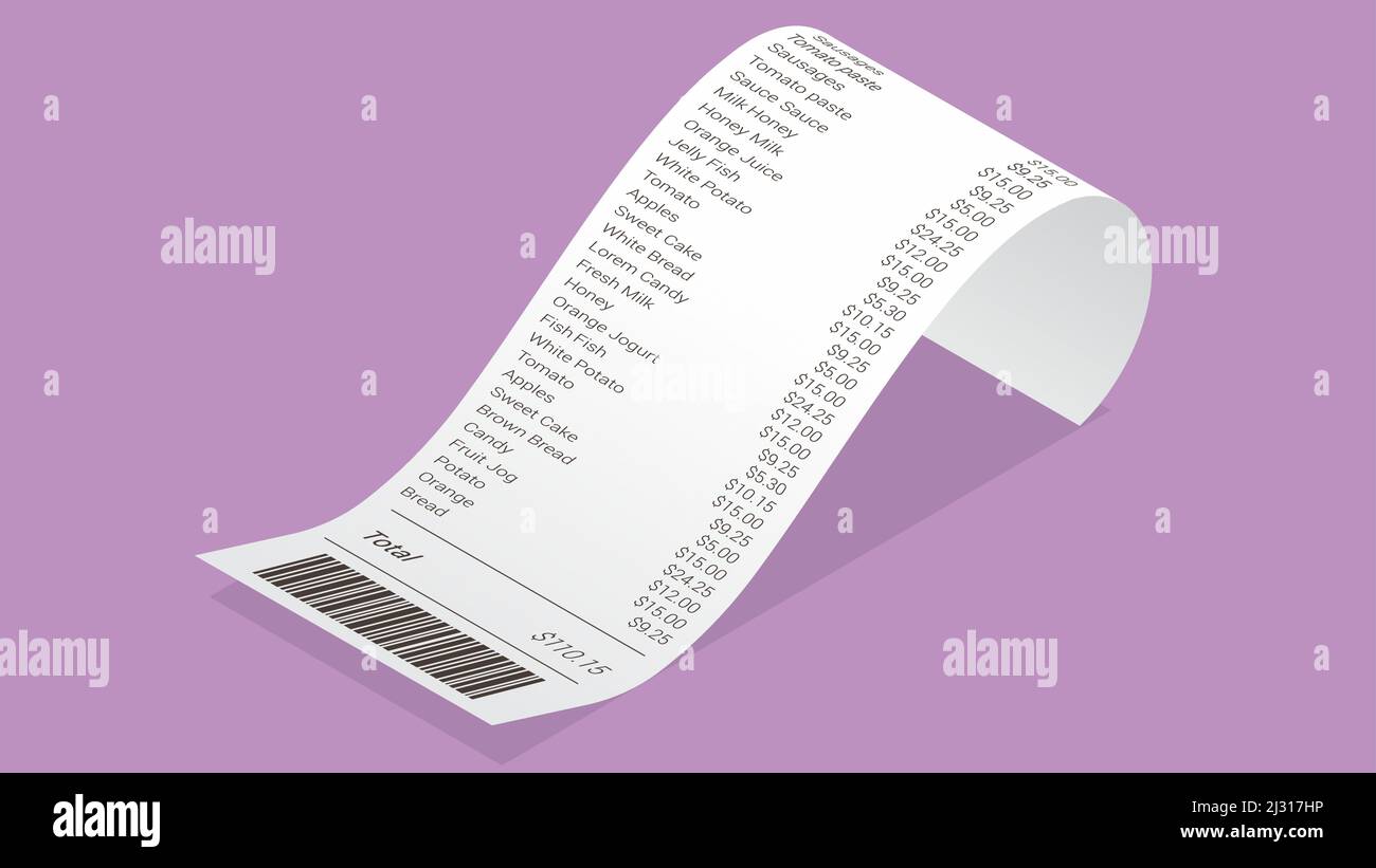 Reçu d'atelier isométrique, illustration vectorielle isolée réaliste. Facture de paiement papier avec code à barres, marchandises et leur prix pour carte de crédit ou argent Illustration de Vecteur