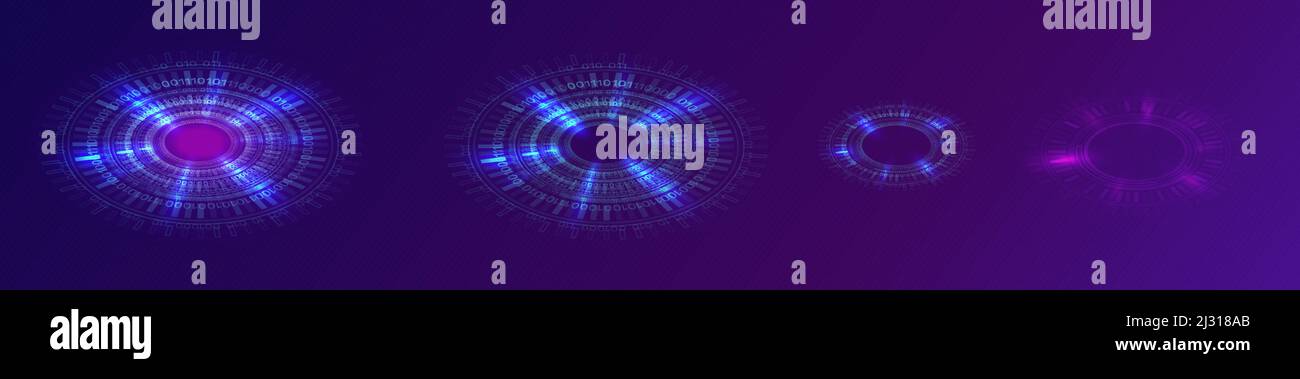 Bague néon bleu brillant ou cercle futuriste avec code binaire numérique, illustration technique vecteur concept. Effet radiant optique haute technologie sur les ultraviolets Illustration de Vecteur