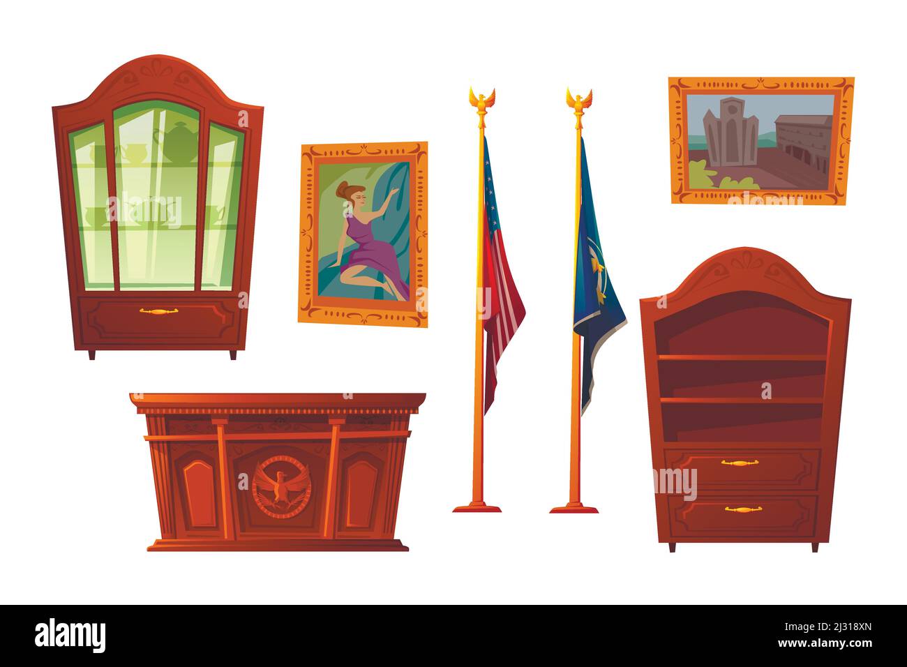 Ensemble de meubles de cabinet ovale, intérieur de bureau pour le Président des États-Unis lieu de travail dans la résidence officielle Maison Blanche, bureau et bibliothèque en bois, nati Illustration de Vecteur