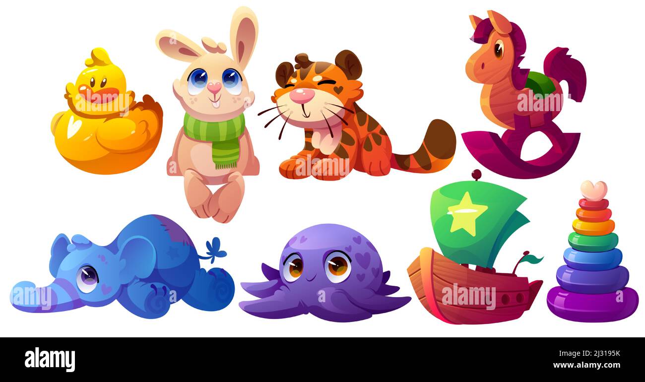 Jouets pour enfants, bateau en bois, animaux en peluche, canard en plastique et pyramide. Ensemble de dessins animés vectoriels de tigre doux mignon, éléphant, pieuvre, lapin, cheval de bois et bateau pour le jeu de bébé Illustration de Vecteur