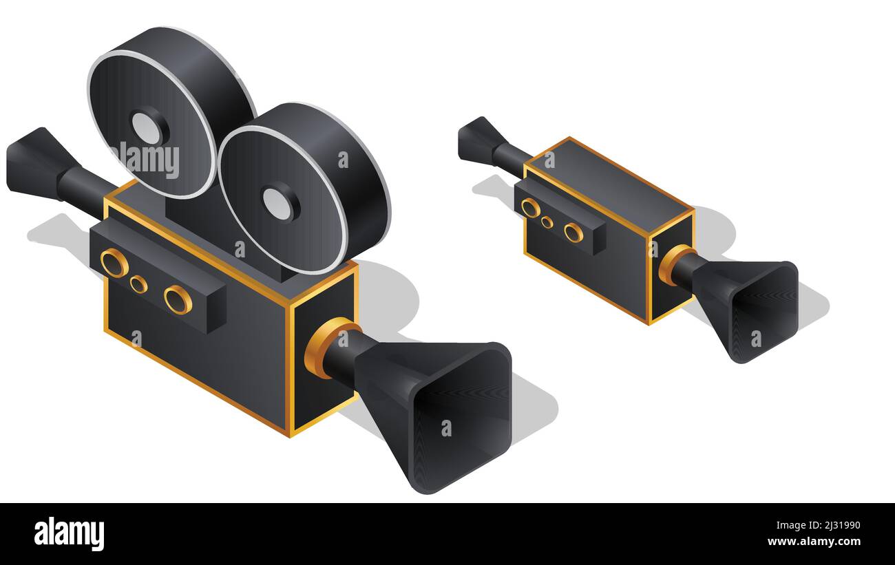 Icônes isométriques de caméra cinéma rétro, illustration vectorielle de dessin animé. Caméra vidéo avec bobines de film, équipement pour l'enregistrement vidéo Illustration de Vecteur