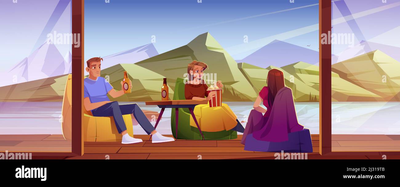 Les gens se détendent sur la terrasse avec vue sur le lac et les montagnes. Ami reposant sur une véranda en bois ouverte, assis sur des chaises près de la table avec du pop-corn, de la bière et des couvertures le week-end, dessin vectoriel de dessin animé Illustration de Vecteur