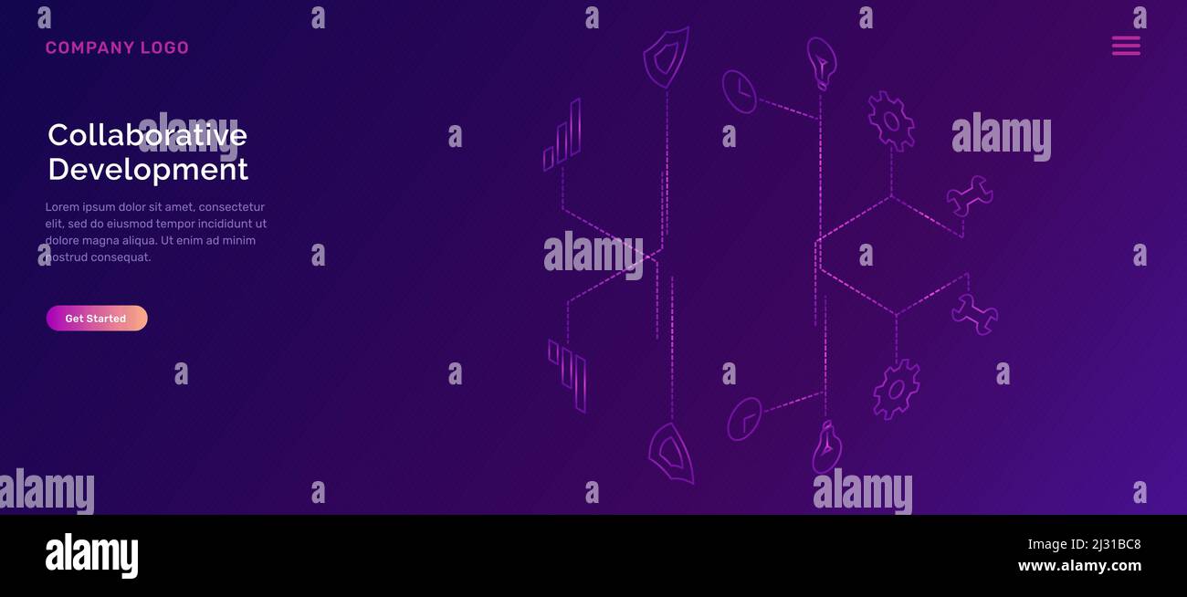 Développement collaboratif, vecteur de concept métier isométrique. Icônes d'interface holographique Shield, horloge, ampoule, engrenage et clé avec connexions Illustration de Vecteur