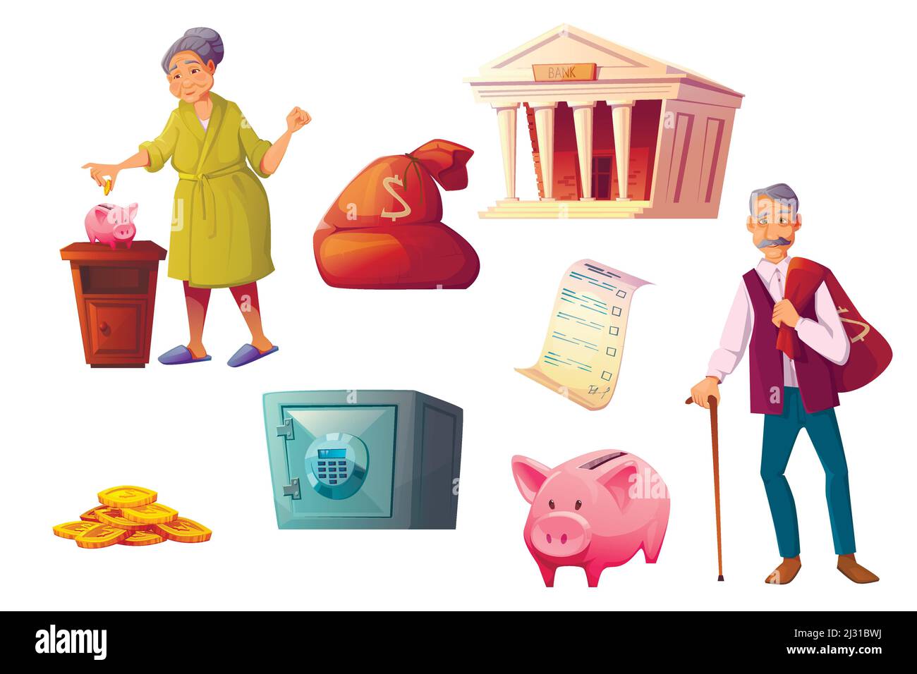 Fonds de pension, économie d'argent caricatures icônes illustration vectorielle. Personnages seniors avec leurs économies, icône de banque de porc rose, bâtiment de banque, dépôt de coffre, Illustration de Vecteur